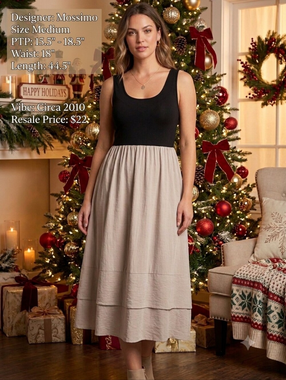 Mossimo Supply Co. Black and Beige Sleeveless Scoop-Neck Midi Circa 2010 Dress